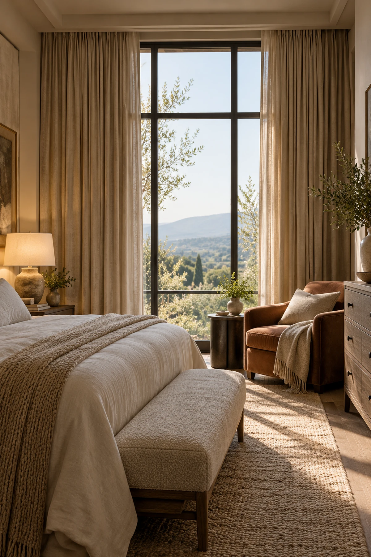 Patterned curtains and warm upholstery in a considered reading corner.