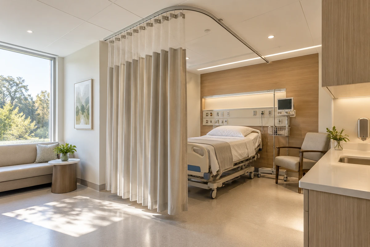 Window blind installed in a calm healthcare room.