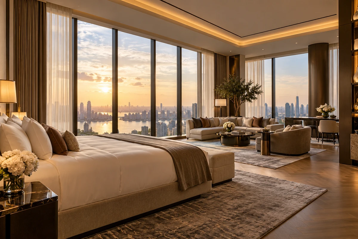 Floor-to-ceiling curtains framing a hospitality dining interior.
