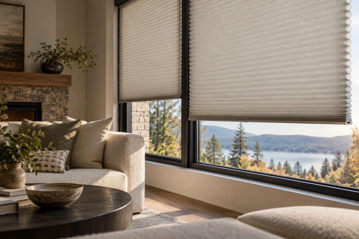 Honeycomb blind partially lowered over a residential window.