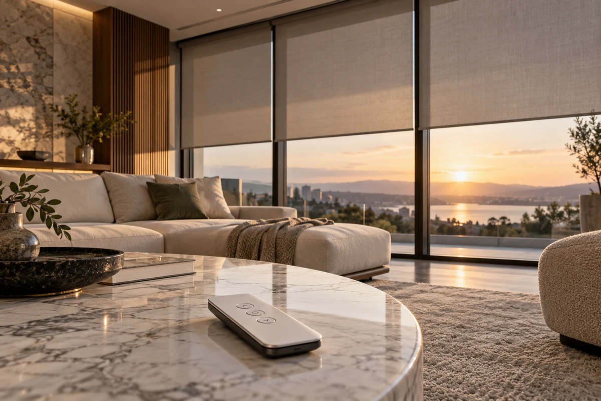 Motorised blind remote held inside a modern interior.