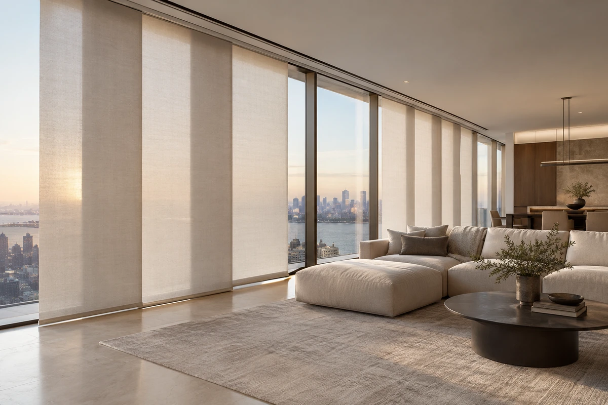 Panel track blinds across a wide glazed residential opening.