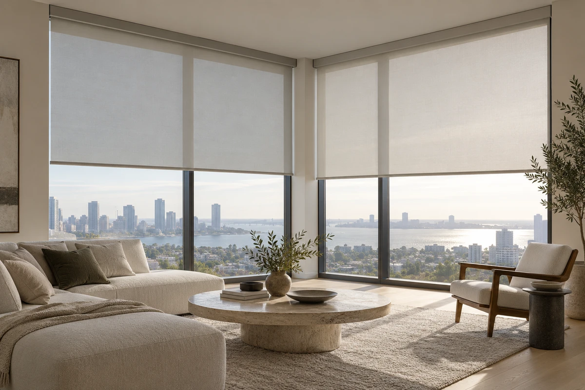 Neutral roller blinds across a bright residential corner window.