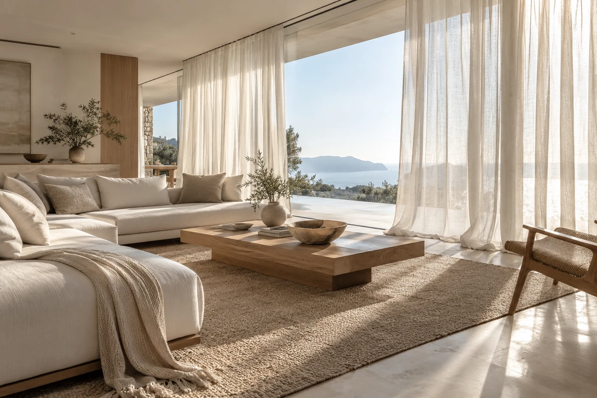 Floor-to-ceiling sheer curtains diffusing daylight in a neutral room.