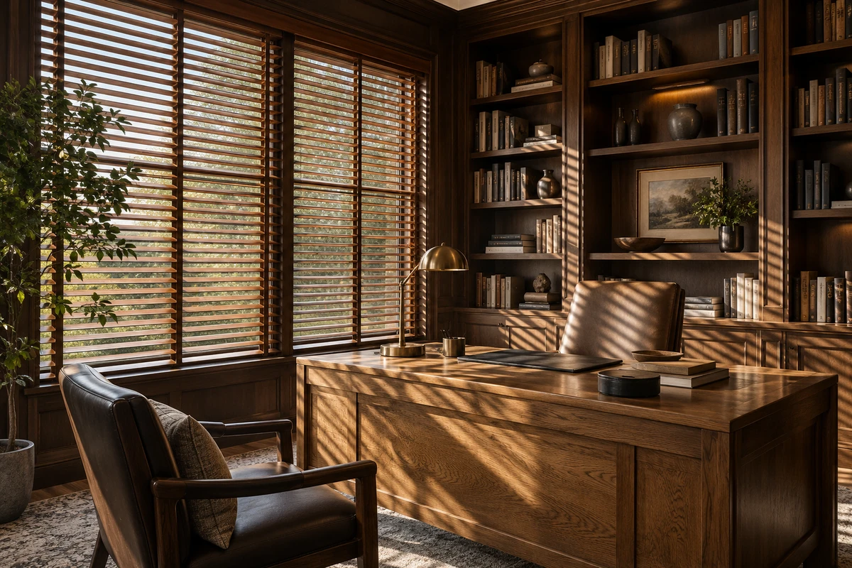 Timber-toned Venetian blinds across a wide residential window.