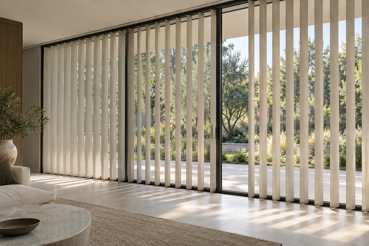 Vertical blinds spanning a corporate boardroom window.